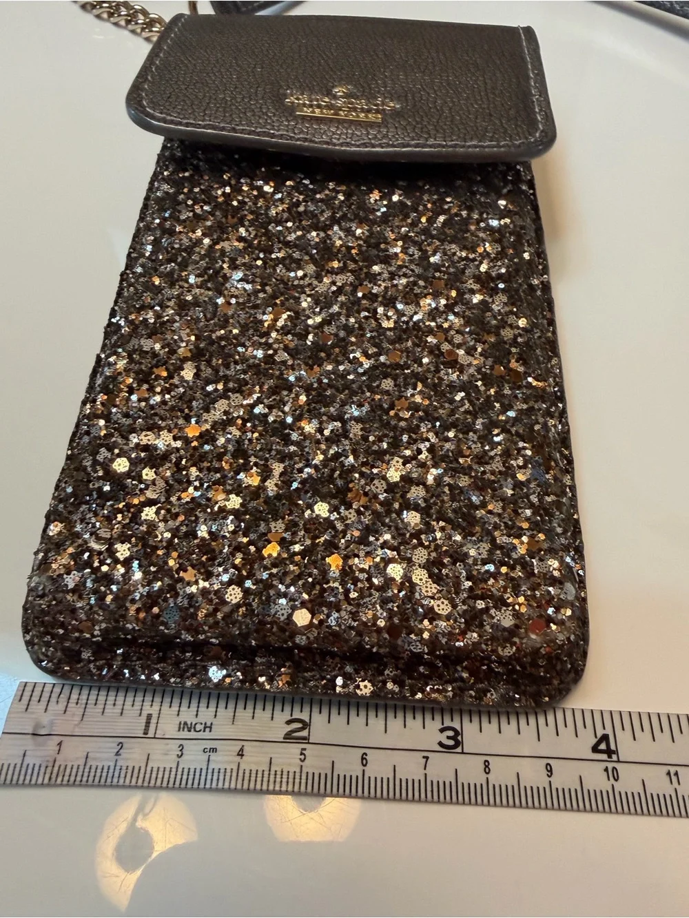 #792 kate spade Metallic Charcoal Pebbled Leather Phone Pouch with Glitter Trim